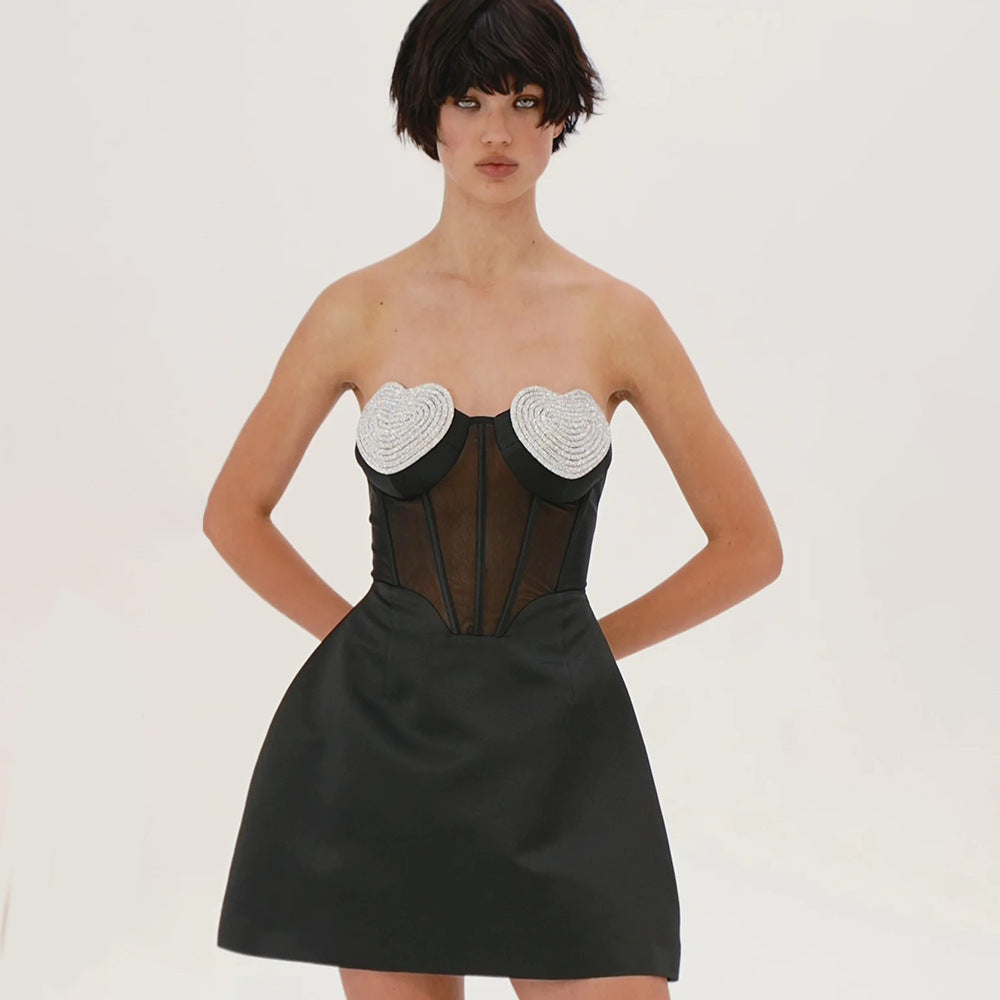 Sexy Peach Heart Drilling a Swing Strapless Dress Autumn Mesh  Backless Dress