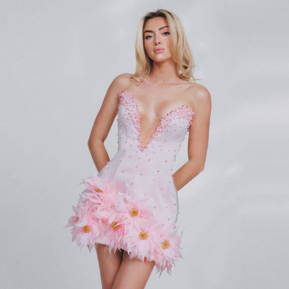 Tube Top Beads Rhinestones Bandage One Piece Dress Pink Feather Ladies Party Cocktail Evening Dress