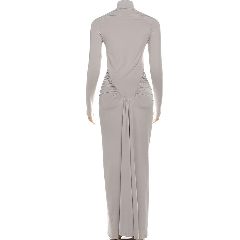 Fall Women Clothing Solid Color High Collar Slim Slimming Pleated Long Sleeve Dress