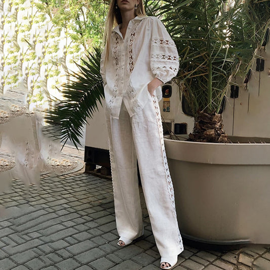 Embroidered Sleeve Top Straight Leg Trousers Two Piece Set