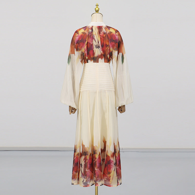 Women Lantern Sleeve Printed Shirt High Waist Floral Skirt Two Piece Set