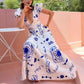 Low Cut V Neck Printed Puff Sleeve Large Swing  Dress