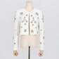 Classy white crystal blazer set slim fit top flare pants set