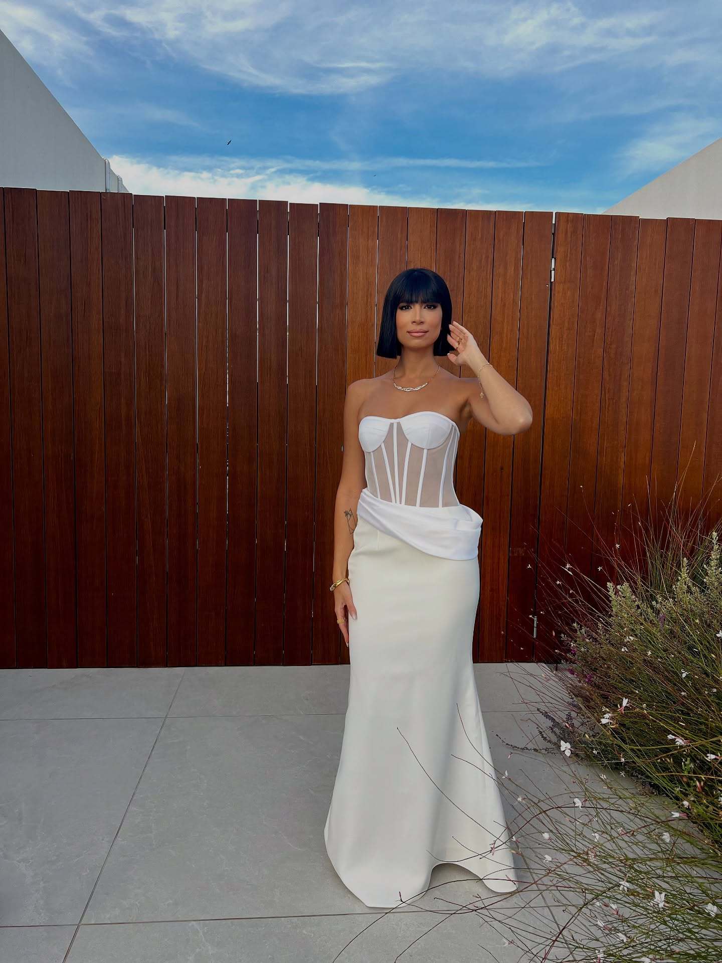 Sexy Boning Corset Tube Top Cinched Waist Long Slit Skirt Two Piece set