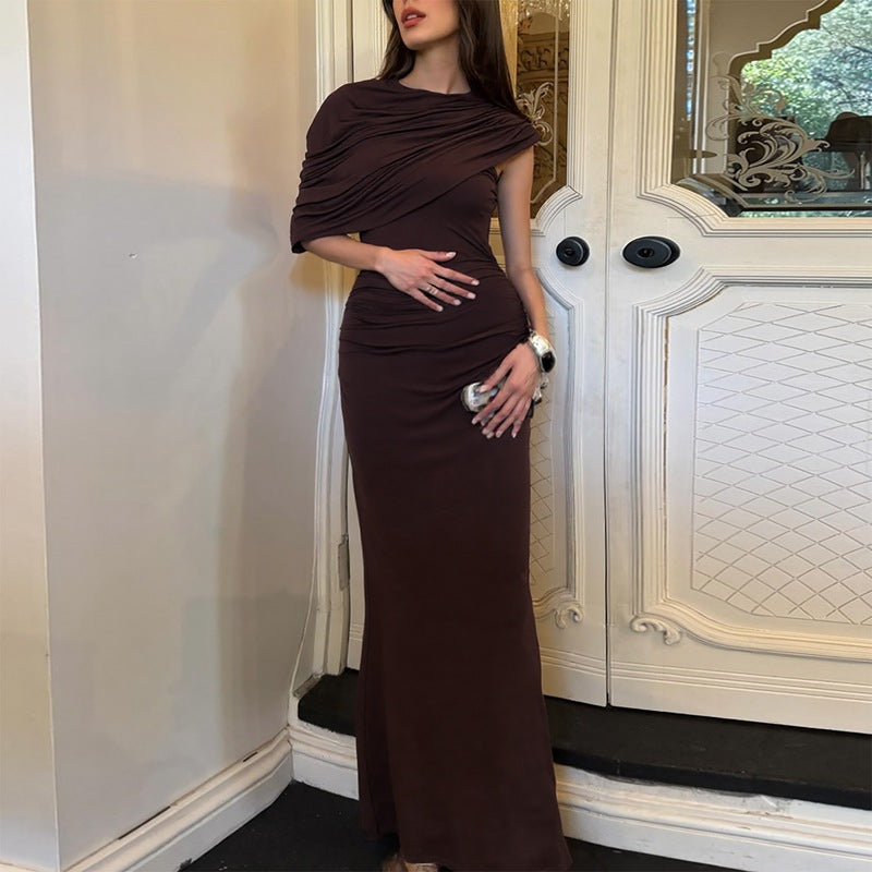 Women Oblique Shoulder Design Skinny Sheath Pleated Irregular Asymmetric Dress