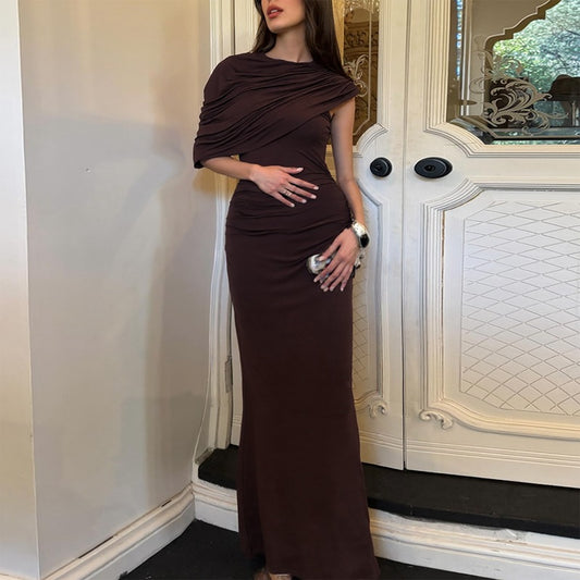 Women Oblique Shoulder Design Skinny Sheath Pleated Irregular Asymmetric Dress