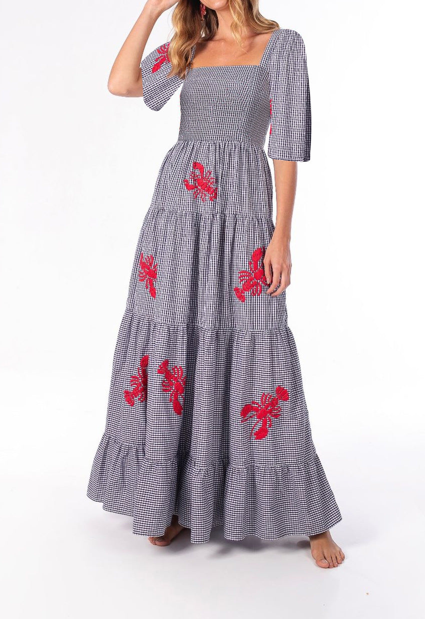 Sapphire Blue Grid Short Sleeved Red Lobster Smocking
