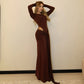 Women Clothing Autumn Solid Color round Neck Long Sleeve Waist Hollow Out Cutout out Strap Slim Maxi Dress