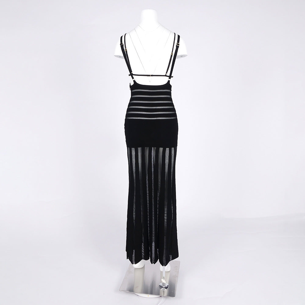 Sexy Deep V Black Sheer Striped Maxi Dress | Runway-Inspired Evening Gown
