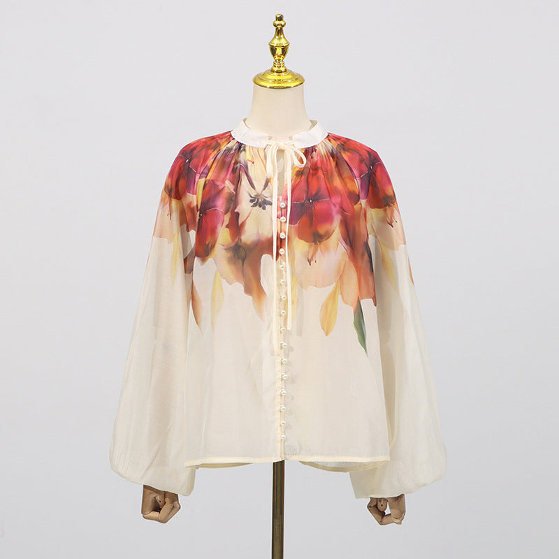 Women Lantern Sleeve Printed Shirt High Waist Floral Skirt Two Piece Set