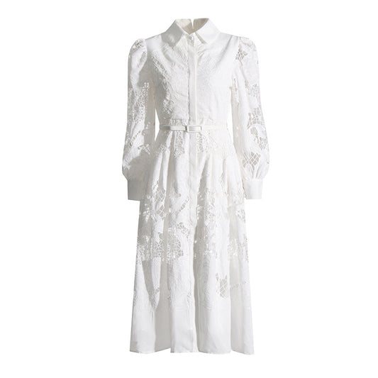 Retro Autumn Mid Length with Embroidery Hollow Out Cutout Dress