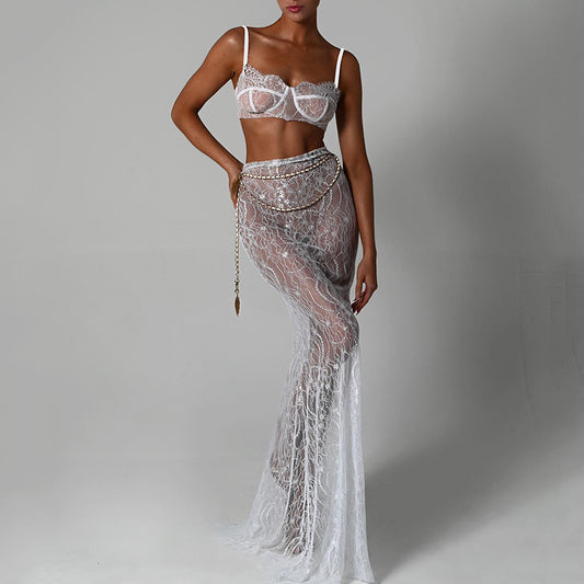 Sexy Sling Backless Sheer Lace Two-Piece Set  Bralette & High-Waist Maxi Mesh Skirt