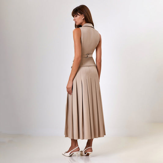 Maxi Skirt Sleeveless Vest Pleated Dress Two Piece Sets