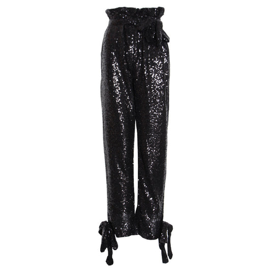 Shaped Pants High Waist Lace Up Ankle Tied Shiny Casual Pants