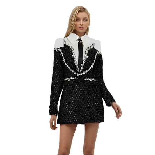 Chic Diamond Beaded Tweed Dress - Black