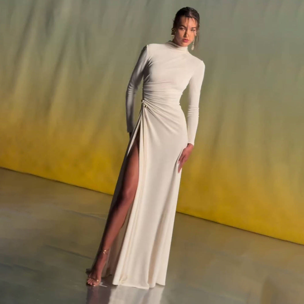 Autumn Winter Long-Sleeve White Sexy Maxi Dress – Elegant Women’s Evening Gown