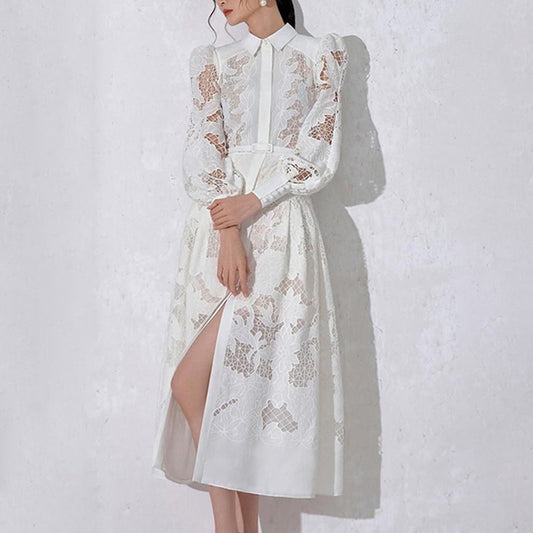 Retro Autumn Mid Length with Embroidery Hollow Out Cutout Dress