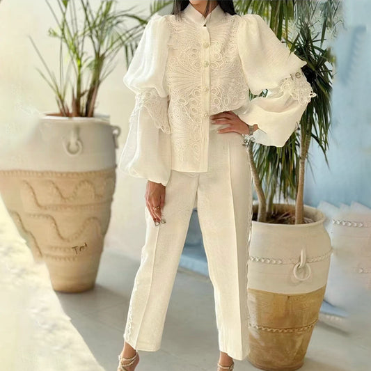 Embroidery Top Straight Leg Pants Two Piece Set