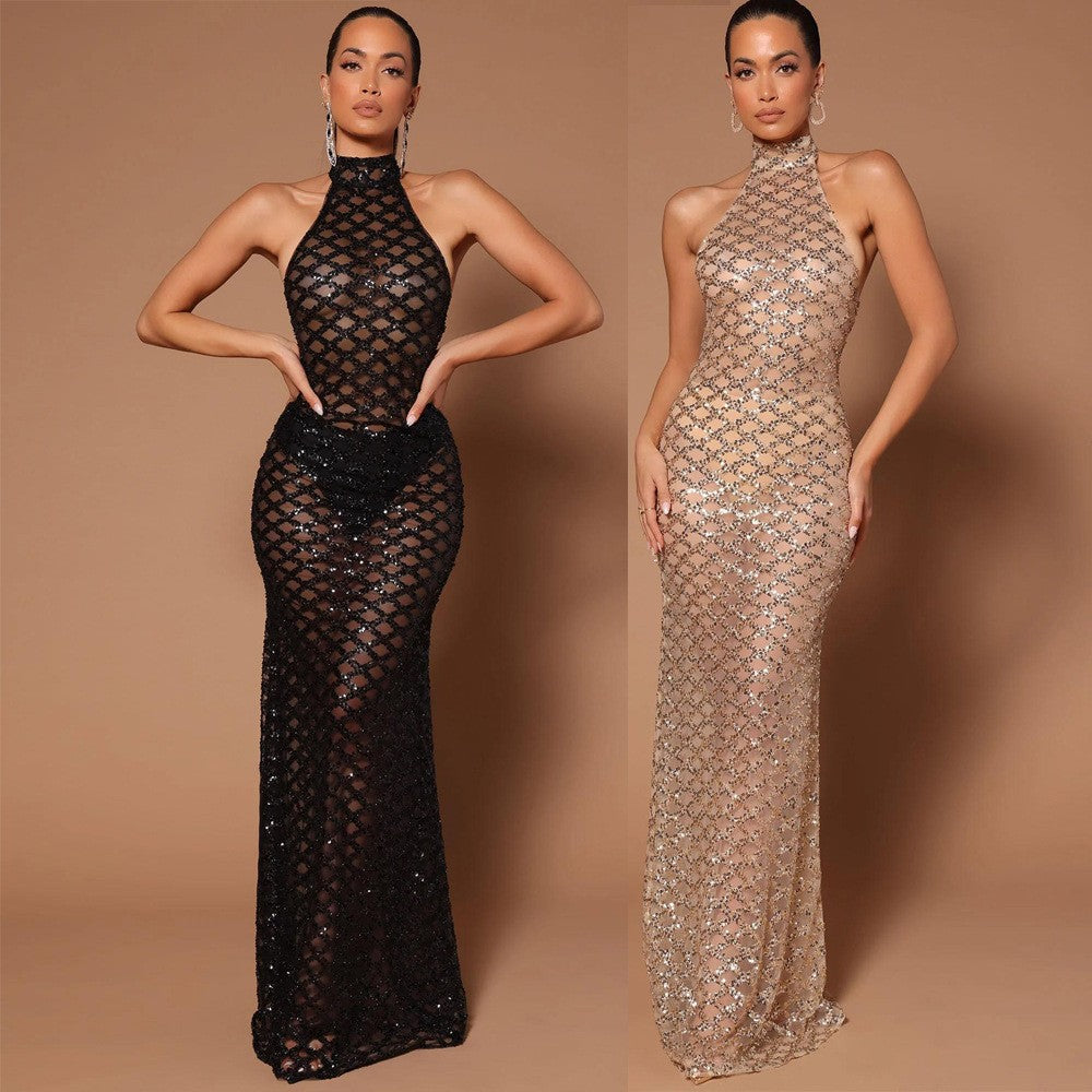 Sexy Backless Nightclub Party Rhinestone Sequined Transparent Dress