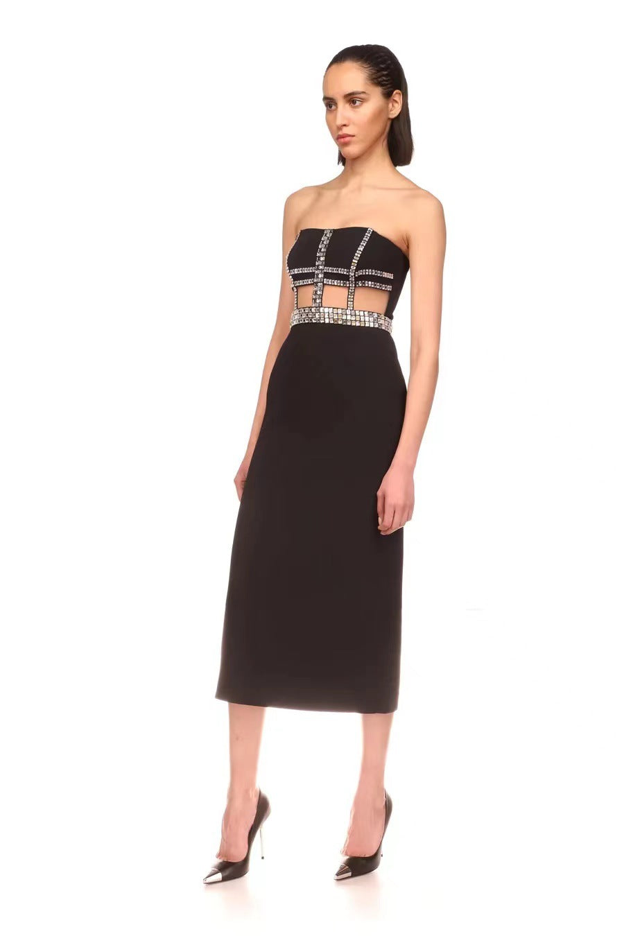 Black Crystal Embellished Cut-Out Midi Dress – Elegant & Sexy Evening Look