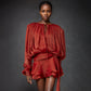 Puff Sleeve Lotus Leaf Skirt  Short Mesh Dress