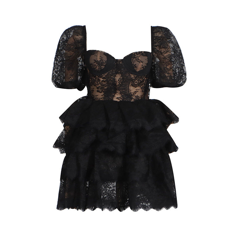 Handmade Lace Sweetheart Neck Puff-Sleeve High-Waist Mini Dress – Romantic Party Look