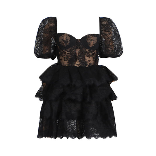 Handmade Lace Sweetheart Neck Puff-Sleeve High-Waist Mini Dress – Romantic Party Look