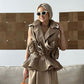Khaki Lapel Collar Ruffle  Top