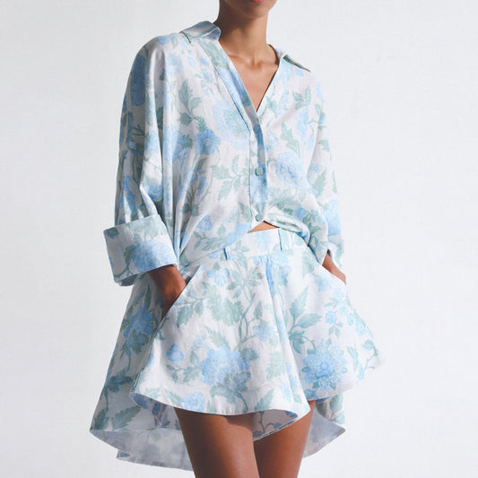 Floral Printed Shirt & Shorts Belt Two Piece Set
