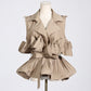 Khaki Lapel Collar Ruffle  Top