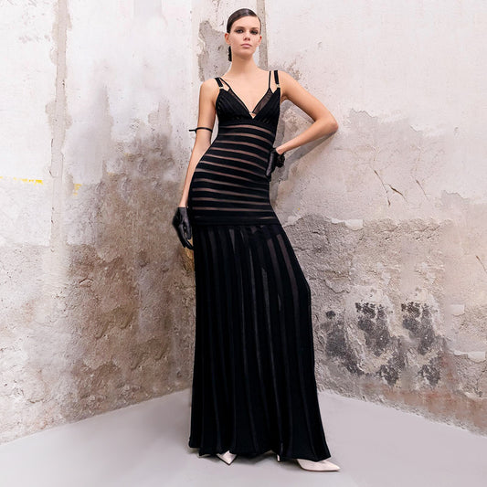 Sexy Deep V Black Sheer Striped Maxi Dress | Runway-Inspired Evening Gown