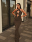Autumn Winter Slim Slimming Wrapped Chest Hip Dress Sexy Coffee Color Cross Halterneck Dress