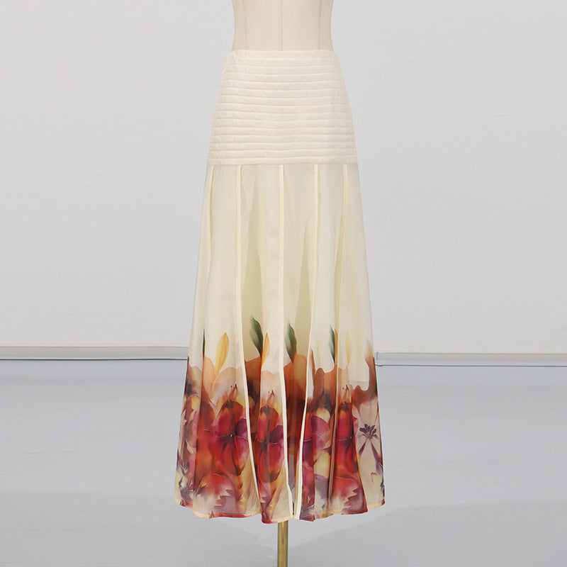 Women Lantern Sleeve Printed Shirt High Waist Floral Skirt Two Piece Set