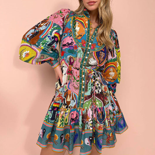 Printed Lace up Cotton Linen Pleated Dress