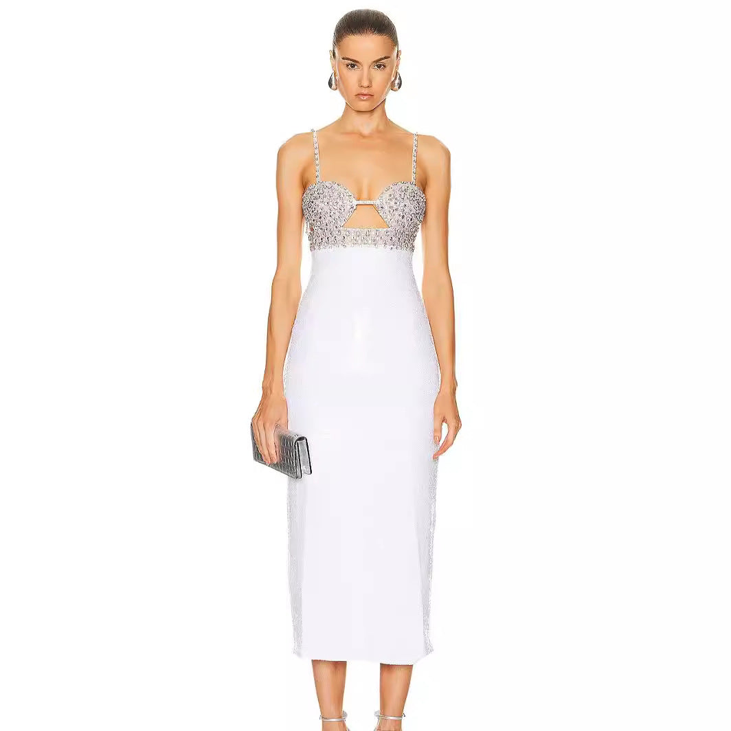 High End White Midi Sequin Dress with Rhinestone Bustier & Cut-Out Detail – Luxury Evening Look