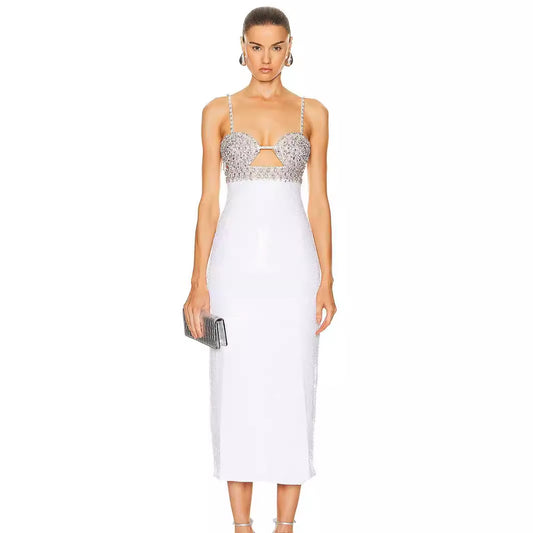 High End White Midi Sequin Dress with Rhinestone Bustier & Cut-Out Detail – Luxury Evening Look