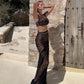 Sexy Sling Backless Sheer Lace Two-Piece Set  Bralette & High-Waist Maxi Mesh Skirt