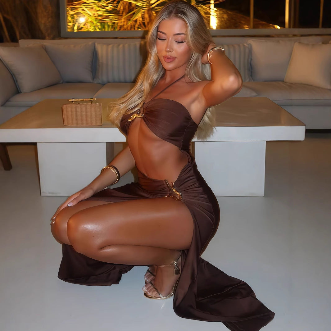 Women Sexy Lace up Cutout Metal Decoration Split Dress