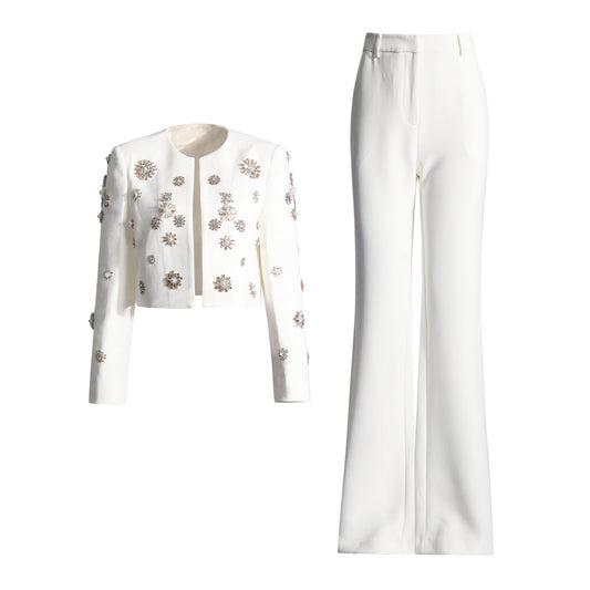 Classy white crystal blazer set slim fit top flare pants set