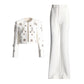 Classy white crystal blazer set slim fit top flare pants set