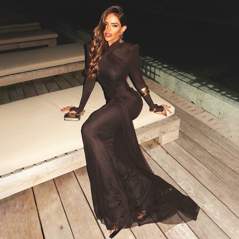 Autumn Sexy Slim Fit Streamer Long Sleeve Dress Solid Color Hip Dress Women Clothing