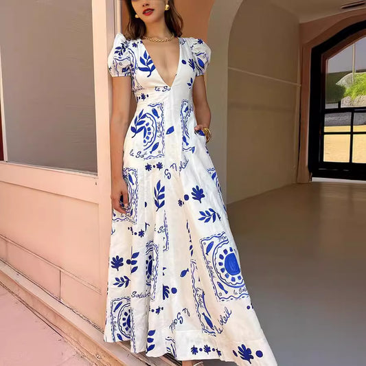 Low Cut V Neck Printed Puff Sleeve Large Swing  Dress
