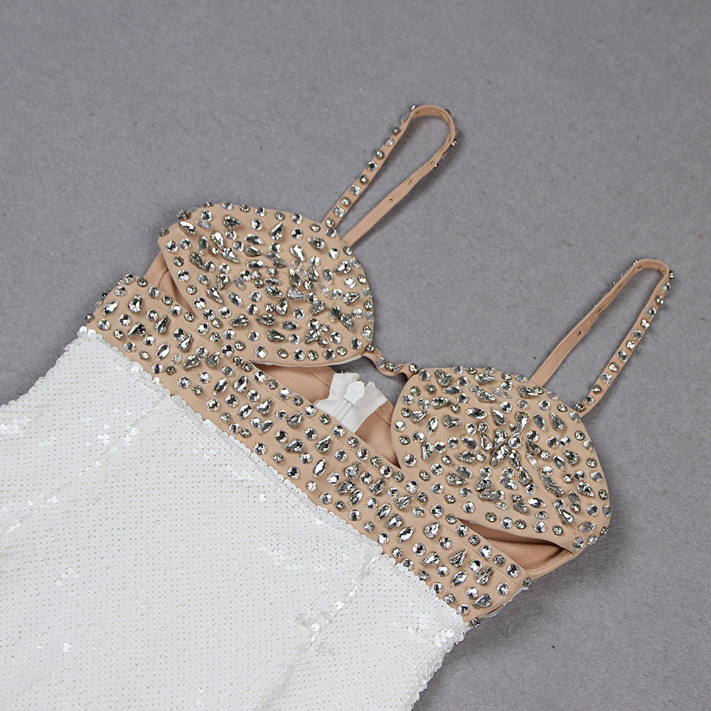 High End White Midi Sequin Dress with Rhinestone Bustier & Cut-Out Detail – Luxury Evening Look