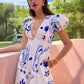 Low Cut V Neck Printed Puff Sleeve Large Swing  Dress