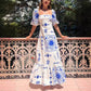 Printed Lantern Sleeve Slim Fit Large Swing Cotton Linen Dress