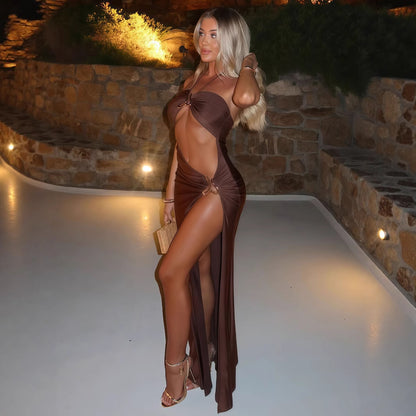 Women Sexy Lace up Cutout Metal Decoration Split Dress