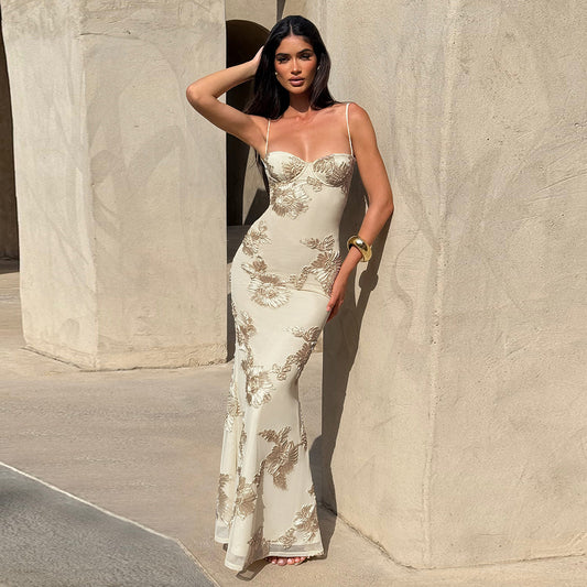 Women Clothing Sexy Slim Fit Slimming Backless Lace up Maxi Dress