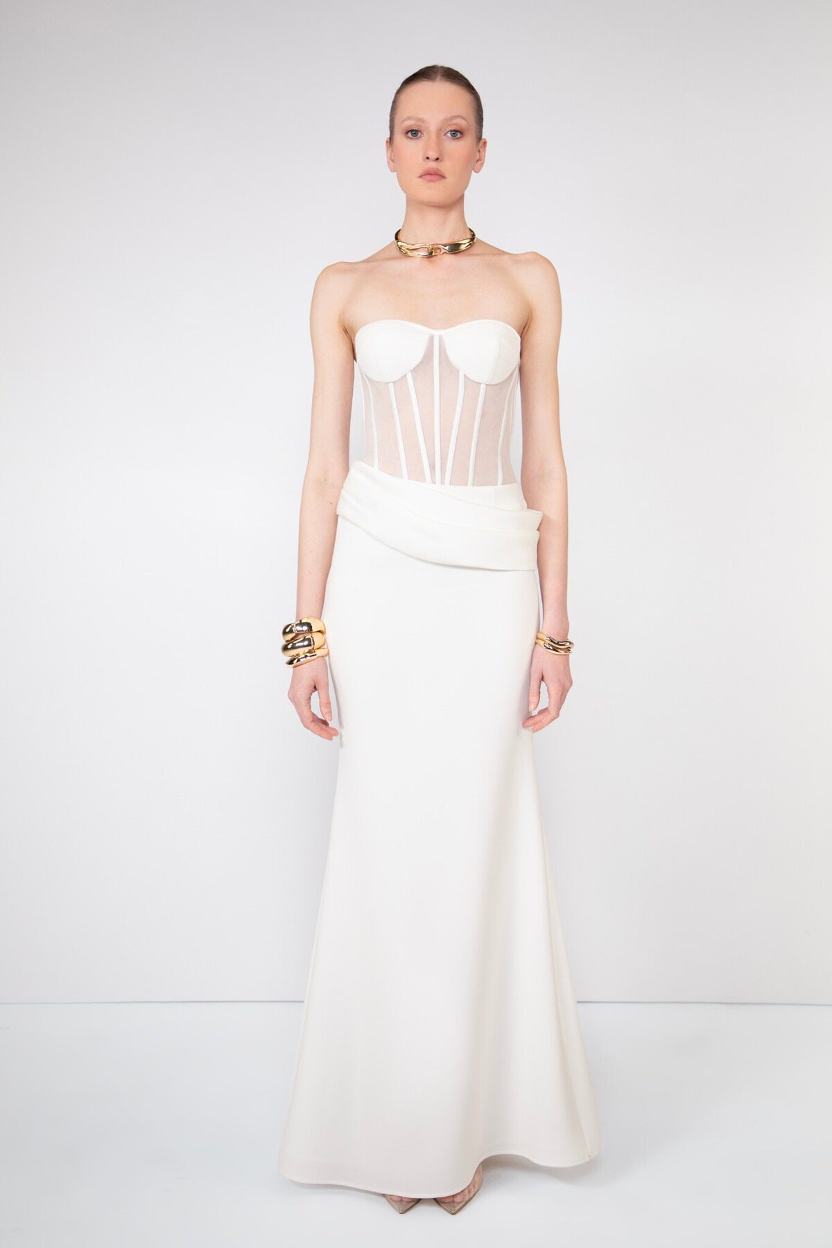 Sexy Boning Corset Tube Top Cinched Waist Long Slit Skirt Two Piece set