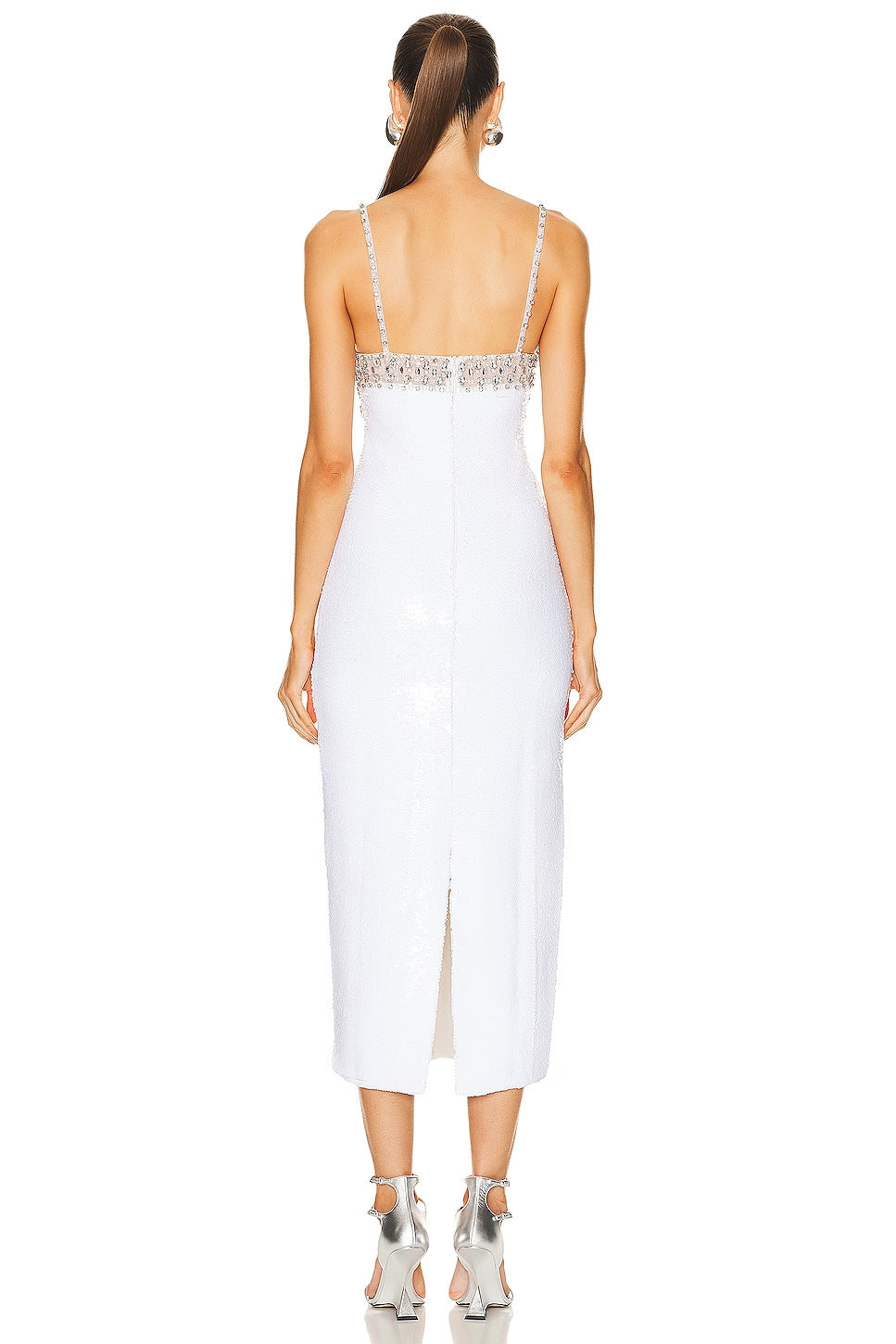 High End White Midi Sequin Dress with Rhinestone Bustier & Cut-Out Detail – Luxury Evening Look