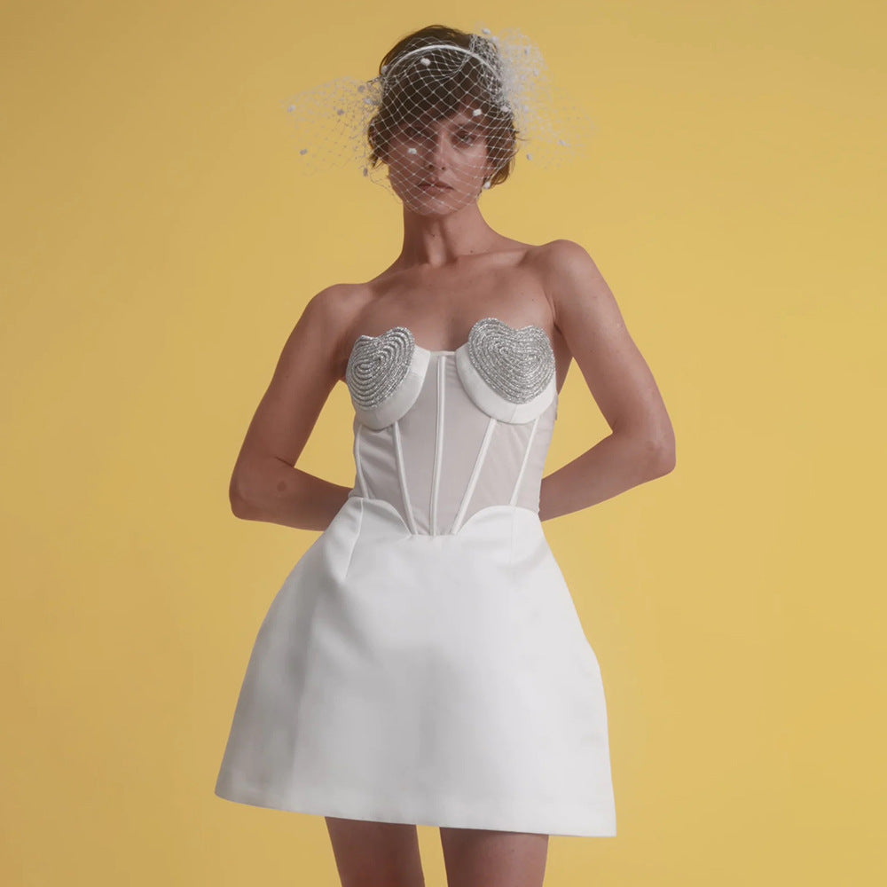 Sexy Peach Heart Drilling a Swing Strapless Dress Autumn Mesh  Backless Dress